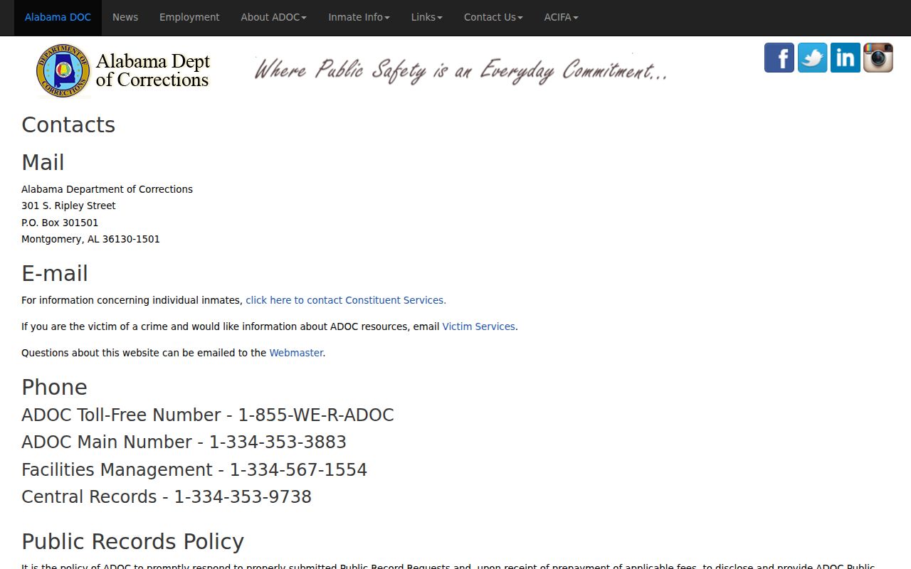 Monroe County inmate record request contact through ADOC